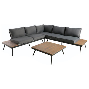 GDF Studio Deborah Outdoor Faux Wood and Aluminum V-Shaped 5 Seater Sofa Set, Natural Finish/Gray