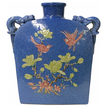 Chinese Last Night Blue Porcelain Flower Bird Rectangular Flat Flask Vase ws1634