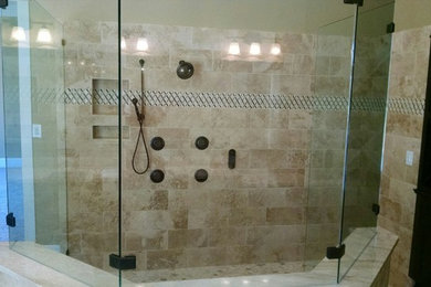 Half inch Neo angled stationary panels for master bath walk in shower