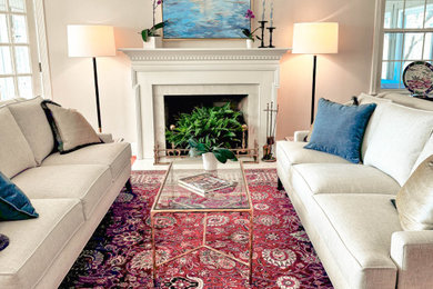 Living room - large transitional open concept medium tone wood floor and brown floor living room idea in DC Metro with beige walls, a standard fireplace and a stone fireplace