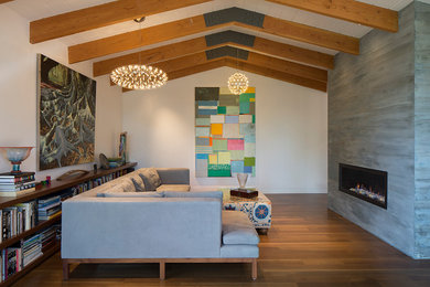 Mid-sized mid-century modern formal and enclosed dark wood floor living room photo in San Francisco with white walls, a ribbon fireplace, no tv and a concrete fireplace