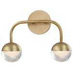 Hudson Valley Lighting - Boca 2 Light LED Bath Bracket, Aged Brass Finish, Clear, Etched Glass - The dome, the arch, the vault, all intrinsically hallowed forms that resonate in the human mind. Our Boca family traces iconic arcs in each direction in a gorgeous contemporary fixture. At either end of each arc are unique spherical glass diffusers. Metal on the top half, layered on the bottom, each one contains a one-of-a-kind assortment of bubbles. Clear on the outside, etched on the inside, these orbs provide dimension and depth to the LED light spilling out from within them.
