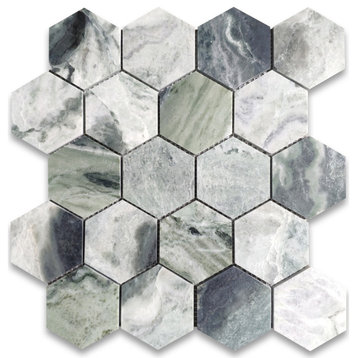 Sagano Vibrant Green Marble 3 inch Hexagon Mosaic Tile Honed, 1 sheet