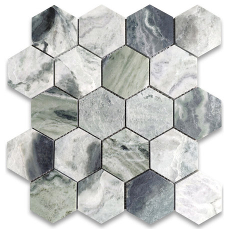 Sagano Vibrant Green Marble 3 inch Hexagon Mosaic Tile Honed, 1 sheet