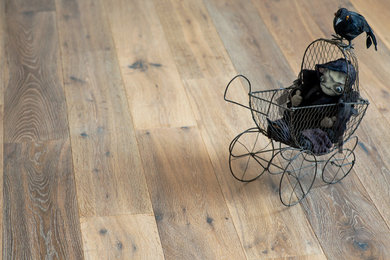 Design ideas for a farmhouse living room in London with medium hardwood flooring.