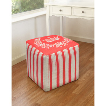 Crown and Stripes-Red, Linen Upholstered Ottoman