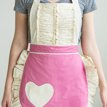 Vintage Bubblegum Pink Pastel Kitchen Apron with Ruffled Hem, Heart Pocket