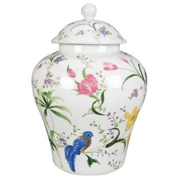 Birds and Flowers 14" Ginger Jar With Lid