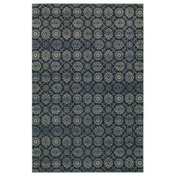 Rowen Floral Oriental Navy and Gray Rug, 5'3"x7'6"