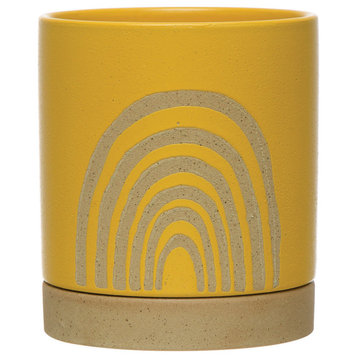 Stoneware Planter with Saucer & Rainbow, Yellow, Set of 2 (Holds 5" Pot)