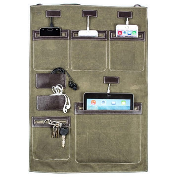 "Wally" Hanging Wall Organizer for Electronics, Olive, With Usb Power Strip