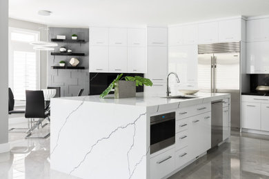 Kitchen - mid-sized contemporary kitchen idea in Salt Lake City with a double-bowl sink, flat-panel cabinets, white cabinets, stainless steel appliances and an island