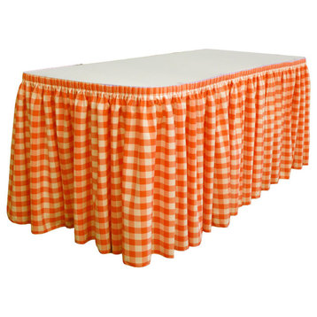 LA Linen Gingham Checkered Table Skirt, White and Orange, 168"x29"