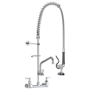 Industrial Wall Mount Kitchen Faucet, High Arch Design & Dual Sprayer, Polished