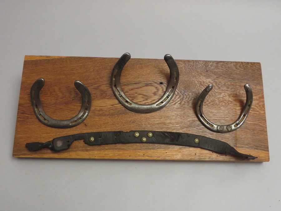 HorseShoe Rack. Reclaimed Oak, Shoes & Leather.