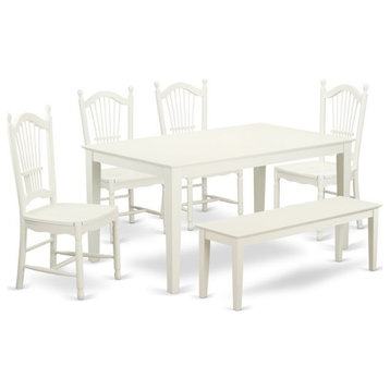 East West Furniture Capri 6-piece Wood Dining Set with Bench in Linen White