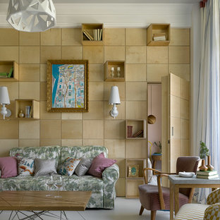 Inspiration för mellanstora moderna separata vardagsrum, med betonggolv, vitt golv och beige väggar