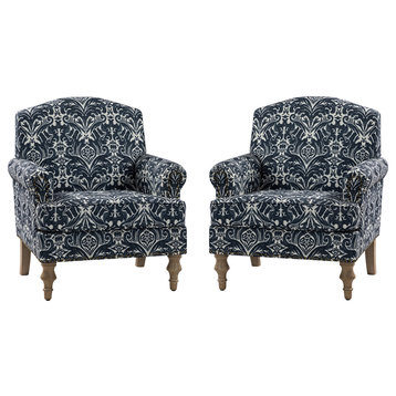 Lamber Wooden Upholstered Armchair With Camelback Set of 2, Navy