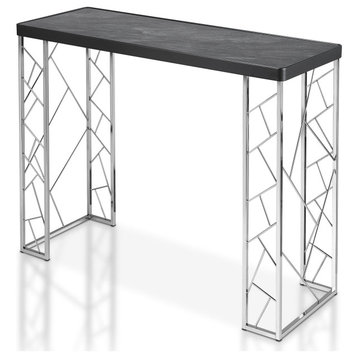 Contemporary Console Table, Striking Geometric Accented Chrome Frame & Black Top