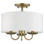 Livex Lighting - Livex Lighting 3 Light Antique Brass Semi-Flush Mount - The three-light Brookdale semi-flush combines floral details and casual elements to create an updated look. The hand-crafted off-white fabric hardback drum shade is set off by an inner silky white fabric that combines with chandelier-like antique brass finish sweeping arms which creates a versatile effect. Perfect fit for the living room, dining room, kitchen or bedroom.