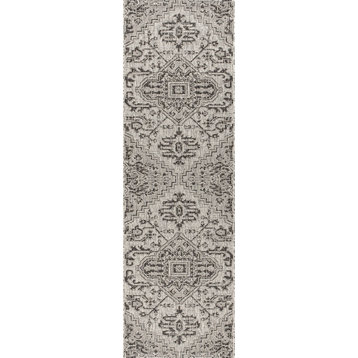 Estrella Bohemian Medallion Textured Weave Indoor/Outdoor, Black/Gray, 2 X 10