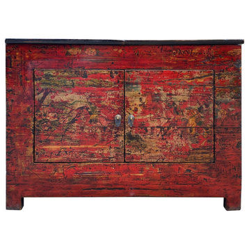 Chinese Vintage Brick Red Distressed Flower Graphic Side Table Cabinet Hcs7473
