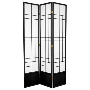 Tall Room Divider, Geometric Lattice Accented Rice Paper Screen, Black, 3 Panel