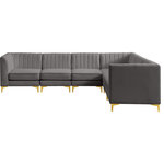 Meridian Furniture - Alina Velvet Modular L-Shaped Modular Sectional, Grey, 6-Piece: 3 Armless Chair, 3 Corner Chair - Bring modern beauty to your space with the addition of this Alina Velvet Modular sectional. This beautiful sectional features deep channel tufting to ramp up its visual interest and add to its resilient demeanor. Its soft grey velvet upholstery blends nicely with existing elements in your room and is sleek to the touch, making this seat a super comfortable one. Part of the modular Alina collection, this sectional has a latch that attaches it to other pieces to create your custom seating arrangement.