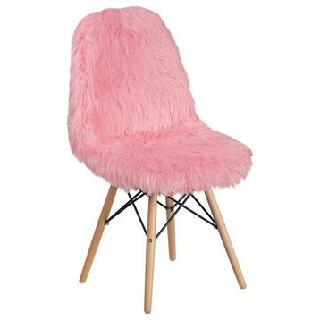 Bowery Hill Modern Shaggy Fabric/Wood Accent Chair in Light Pink