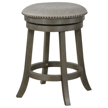 2-Pack Backless Round Swivel Stool, Dove Faux Leather Fabric/Antique Gray Finish