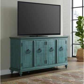 Rustic TV Console, Pine Wood Frame With Rough Saw Marks, Ring Pulls, Turquoise