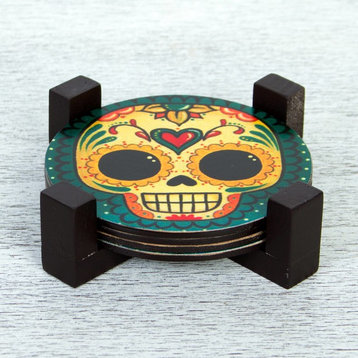 Loving Skull, Decoupage Wood Coasters, Mexico, 4-Piece Set