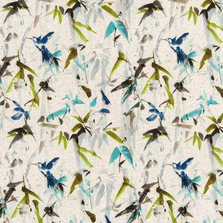 Blue Green Performance Leaves Botanical Print Upholstery Fabric by the Yard