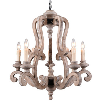 Oaks Aura French Country 5-Light Candle Style Wooden Chandelier, Weathered Wood