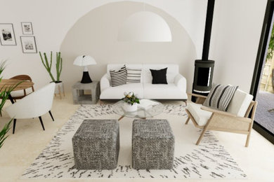 Réalisation d'un grand salon blanc et bois minimaliste ouvert avec une salle de réception, un mur beige, un sol en travertin, un poêle à bois et un manteau de cheminée en métal.