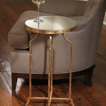 Bronze Finished, Geometric Side Table with Mirrored Top and Gray Upholstered Acc