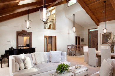 Inspiration for a mid-sized transitional open concept light wood floor and beige floor living room remodel in San Francisco with a music area, white walls, no fireplace and no tv