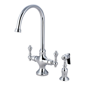 Kingston Brass Two-Handle Kitchen Faucet With Brass Sprayer, Polished Chrome