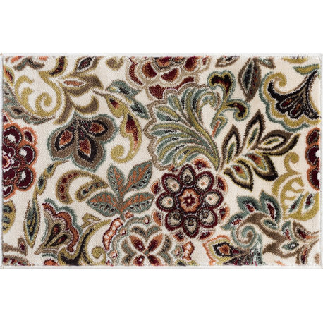Dilek Transitional Floral Area Rug, Ivory, 2'x3'