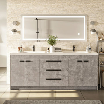 Eviva Lugano Cement Gray Modern Bathroom Vanity w/ White Integrated Top, 84"