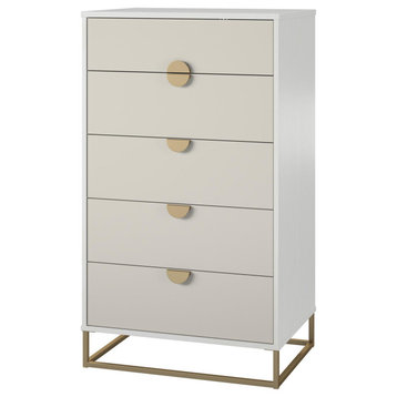 Modern Vertical Dresser, 5 Storage Drawers With Unique Golden Knobs, White/Taupe