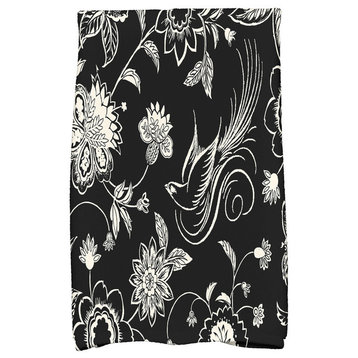 Traditional Bird Floral Decorative Holiday Floral Print Hand Towel, Black