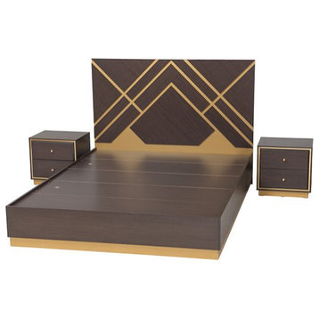 Contemporary Bedroom Set, Queen Bed With Gold Geometric Headboard & 2 Nightstand