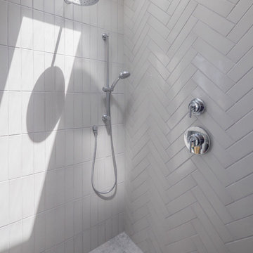 Large Grey Herringbone Tiles for Walk-In Shower