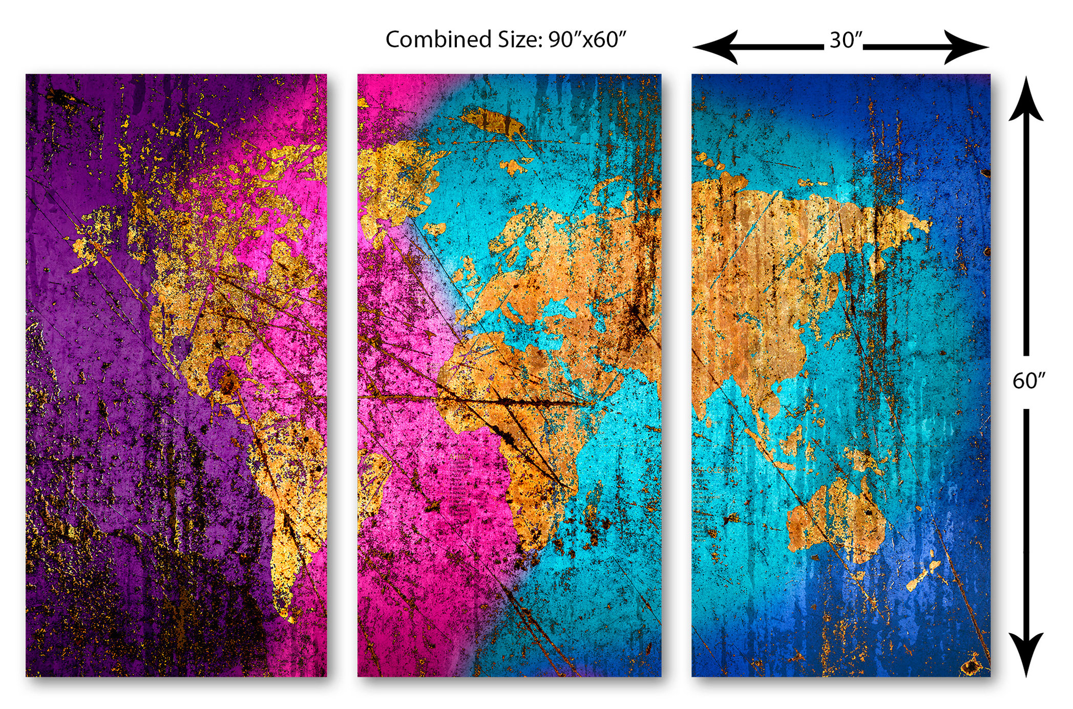 Abstract Wave Wall Art World Map Canvas Print, 3 Panel Split, Triptych ...