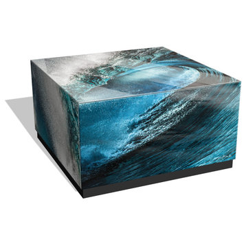 "Sapphire Sea" Printed Beveled Art Glass Table, Black Base, 36" X 18 X 36"