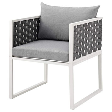 Contemporary Patio Dining Chair, Metal Frame With Woven Rope Detail, White Gray