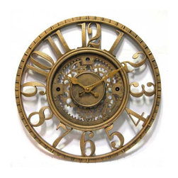 Gear 15.5" Round Antique Gold Finish Case Open Gear Design Dial Clock - Wall Clocks