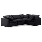Meridian Furniture - Indulge Upholstered Modular L-Shaped Sectional, Black, 4-Piece: 1 Armless Chair, 3 Corner Chair, Down Stuffed Velvet - Unwind in tranquil elegance with the Indulge Velvet Sectional. Imagine sinking into the plush embrace of this lush sectional, crafted from rich, textured black velvet that feels soft and inviting against your skin. Overstuffed down feather cushions cradle you in cloud-like comfort, while the solid wood frame provides unwavering support. This modular masterpiece isn't just furniture - it's a blank canvas for creating your dream living space. Arrange the versatile pieces in countless configurations, from a sprawling entertainment zone for movie nights to intimate reading nooks for quiet moments. Indulge in the ultimate comfort, endless possibilities, and timeless elegance.