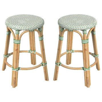Home Square Rattan Round Backless Counter Stool in White and Green - Set of 2